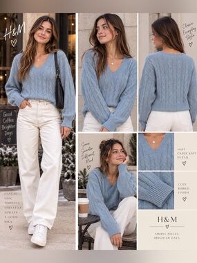 H&M Juniors Light Blue Cable V-Neck Knitted Sweater women size XS